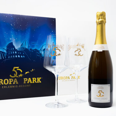 Coffret cadeau 50 ans d\'Europa-Park – Bouteille de Crémant d’Alsace Brut et 2 verres à vin
